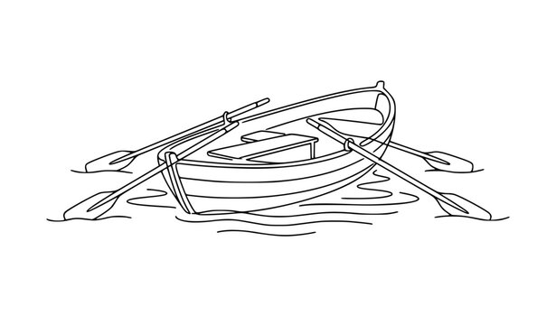 Minimal wooden fishing rowboat with oars floating on water line vector