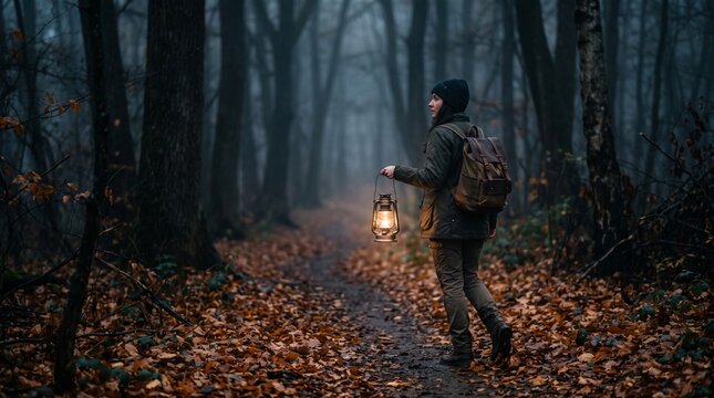A hiker walking with glowing lantern in foggy dark autumn forest path.