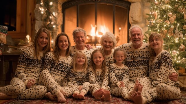 Three generations of happy family members wearing matching pajamas by a warm glowing fireplace