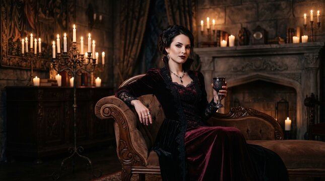 Elegant vampire woman resting on a vintage chaise lounge in candlelit gothic room holding glass.