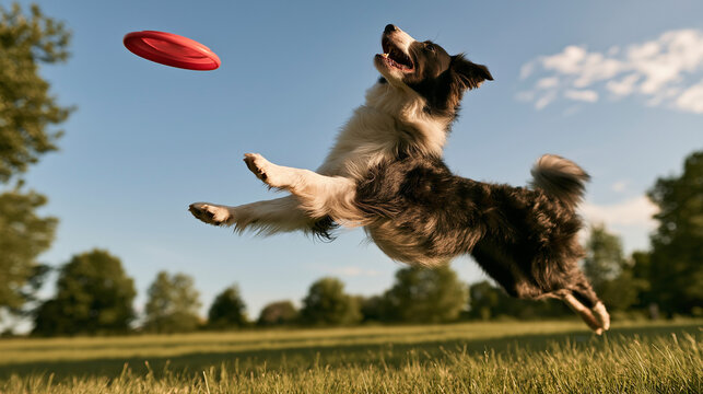 Border collie jumping joyfully to catch a frisbee in a sunny park