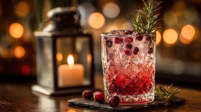 Festive cranberry cocktail garnished with fresh rosemary sprig beside glowing lantern light setting