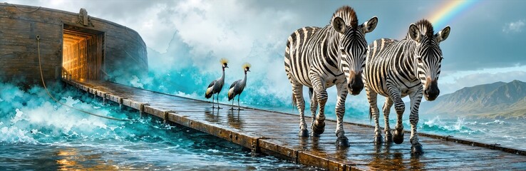 Naklejka premium Pair of zebras and crowned cranes walking down wooden ark ramp into turquoise ocean. Biblical scene of noahs ark flood with rainbow and watercolor water waves. Wide panoramic illustration