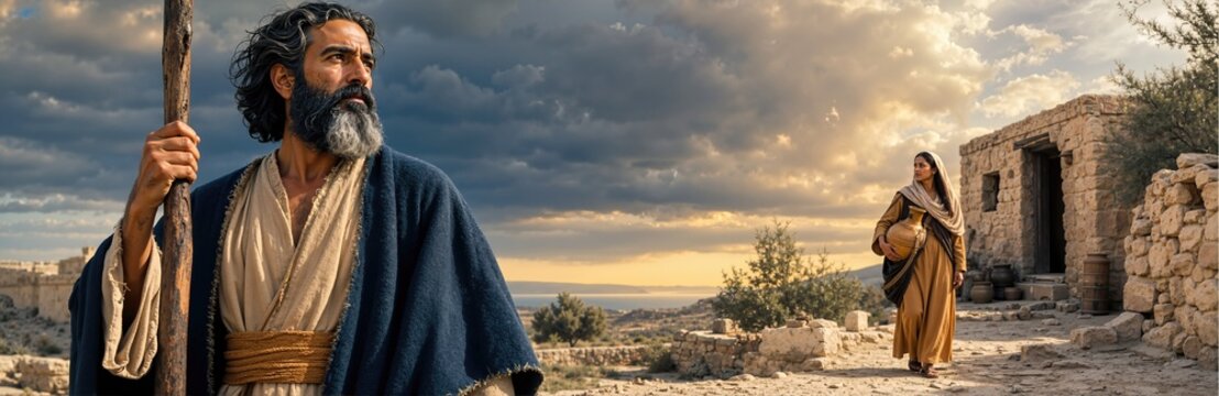 Bearded prophet holding a wooden staff standing in an ancient landscape under dramatic sky. Biblical widow carrying a clay jug walking near stone house in historical village panoramic view