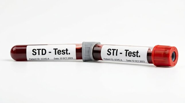 Two blood collection tubes labeled std test and sti test on white background with sexually transmitted infection against clean white medical examination disease prevention health screening sample