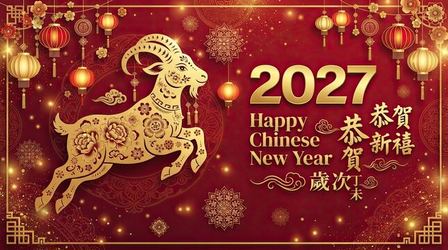 Golden zodiac goat with lanterns and festive ornaments celebrating 2027 happy chinese new year with surrounded traditional lanterns decorative elements red background illustration intricate floral