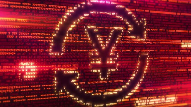 Yuan symbol emerging from computer code in red and orange