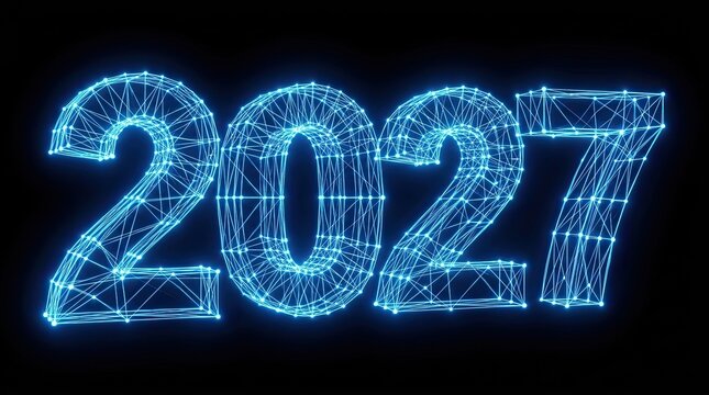 Luminous blue wireframe 2027 numbers glowing against a dark background with creating futuristic technological feel structures against deep black backdrop with three dimensional, rendered glowing, year