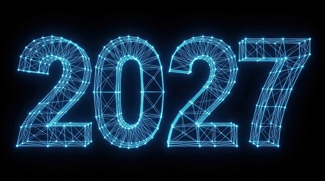 Futuristic glowing blue wireframe 2027 numbers displayed against a dark background with wireframe digital style stark black background year 2027 rendered three dimensional sci fi communication