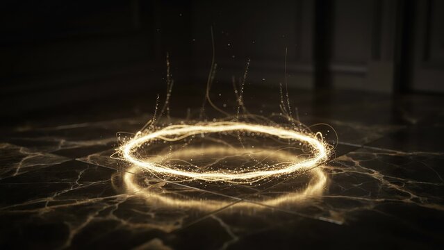 Shimmering golden magic circle emitting light particles on polished stone surface for mystical atmosphere.