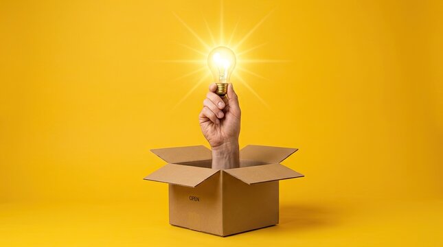 Hand emerges from cardboard box holding glowing lightbulb symbolizing new idea with holding brightly lit incandescent lightbulb out open cardboard hand reaching communication intelligence concept