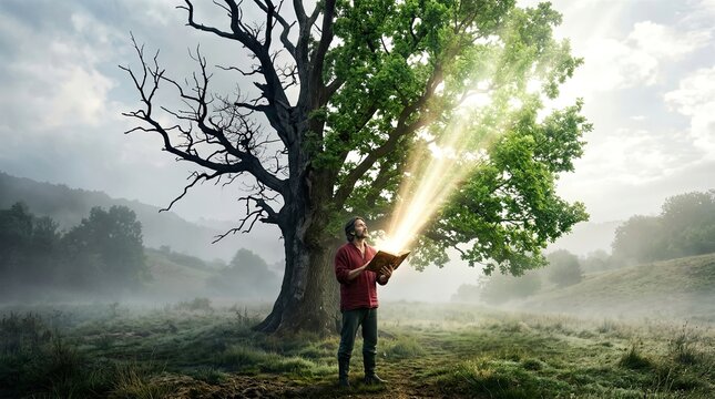 Man holding glowing book under split tree in misty field with enlightenment supernatural inspiration meditation spiritual knowledge sunlight mystical religion reading fantasy miracle magic with nature
