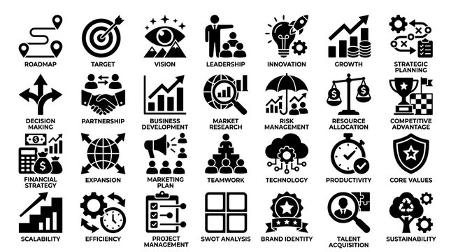 Management and planning icons showing roadmap, vision, leadership, innovation, growth, strategy, and risk management.