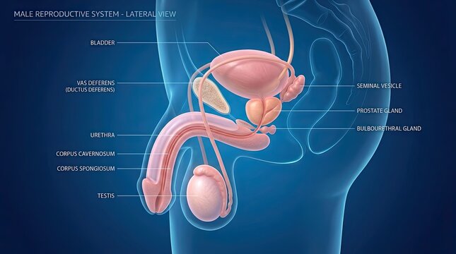 Detailed 3d illustration of the male reproductive system anatomy with labels with all major organs labeled viewed lateral perspective anatomical illustration bulbourethral reproduction cavernosum