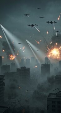 Combat drones cutting through smoky skies over a shattered city, searchlights and distant explosions