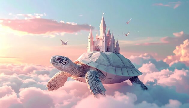 Giant flying turtle with castle in clouds.