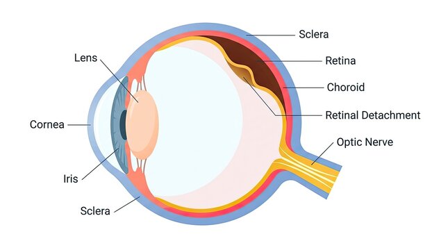 Anatomical illustration of the human eye showing the retina choroid lens cornea iris sclera and optic nerve with retinal detachment condition with diagram with diagram