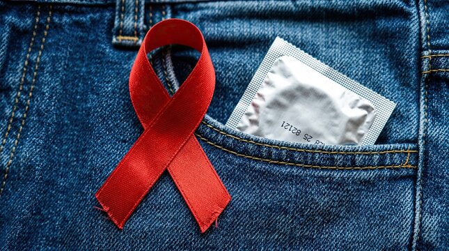 Red ribbon awareness symbol and condom packet in blue denim jeans pocket with ribbon placed next packet inside responsibility contraception contraceptive reproduction relationship information with sex