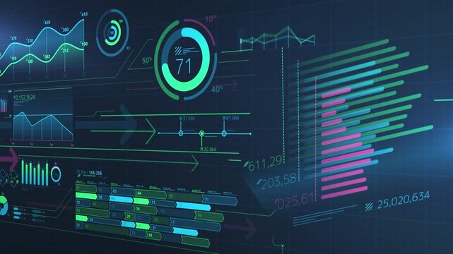 Stream of animated charts processing vast amounts of data