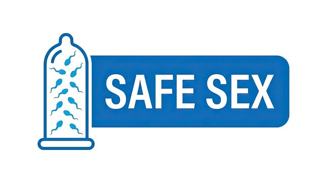 Blue condom icon containing sperm cells next to safe sex text on white background with condom illustration filled rectangular sign white sperm positioned contraception microorganism reproductive