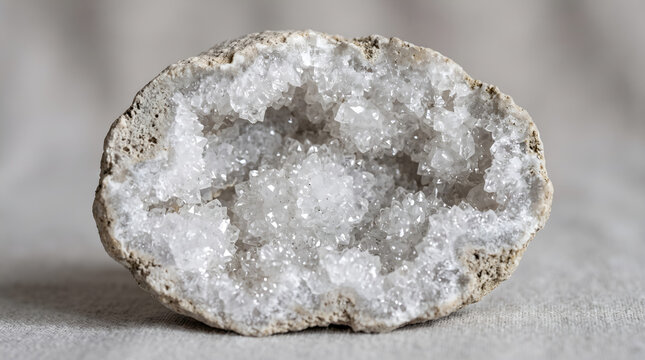 White quartz crystal geode macro close up on neutral textured background