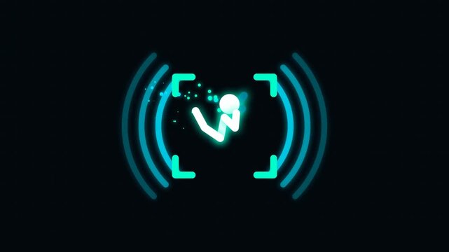 Glowing neon icon of a person jumping inside a focus frame with digital signal waves on a dark background