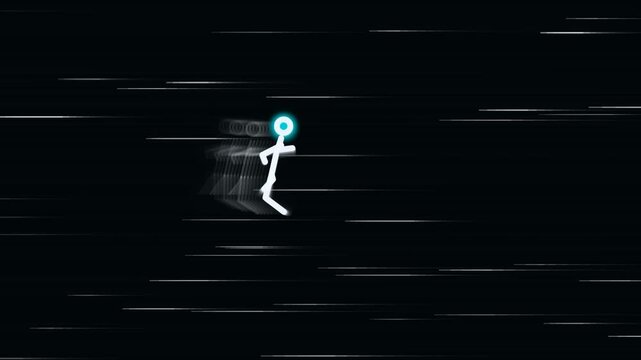 A glowing stick figure person running fast through dark space with motion blur lines