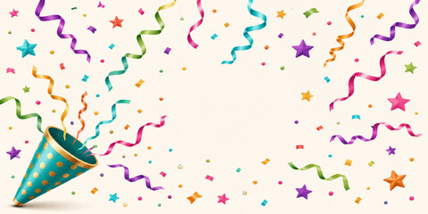 Obraz premium Confetti Party Streamers and Colorful Birthday Celebration Background with Paint Splashes and Decorative Paper Elements Vector Illustration