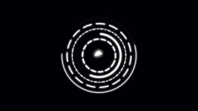 Abstract glowing white circular rings and dotted lines forming a digital target symbol on a dark background