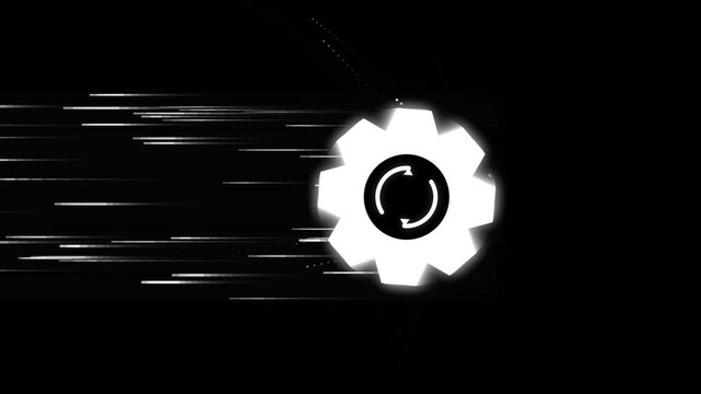 Glowing white gear icon with motion blur lines moving fast on a dark black background representing speed performance optimization and industrial engineering progress