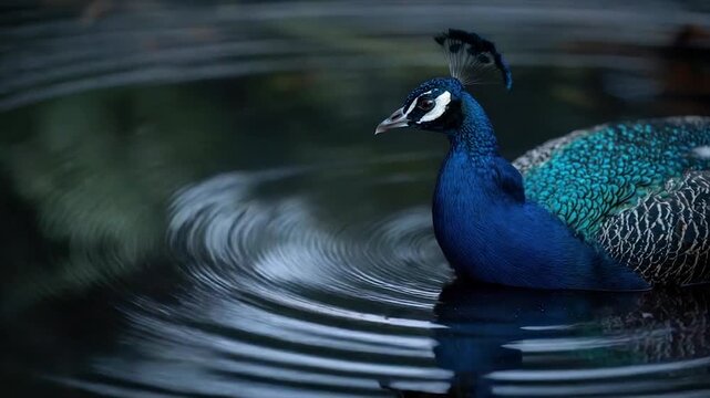 A vibrant peacock rests in water, generating ripples, its iridescent feathers on display