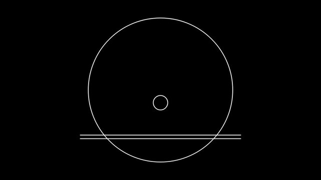 Minimalist graphic design featuring a large thin white circular outline with a small circle dot inside resting on a horizontal line against a solid black background