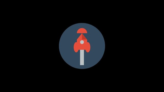 Flat vector icon of a red rocket ship taking off into space inside a circular frame