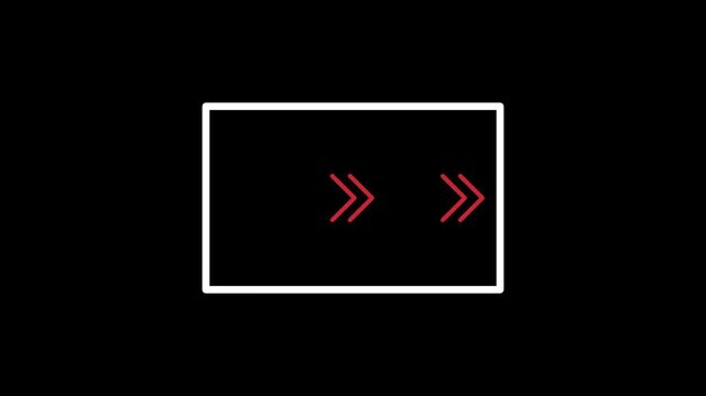 Minimalist white rectangle frame with a red double arrow icon pointer on a solid black background for digital interface design and web navigation elements
