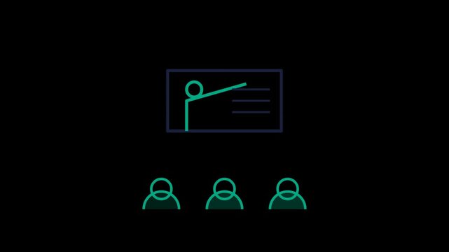 Minimalist vector icon of a teacher giving a presentation to a small audience in a classroom setting