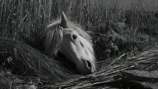 A monochromatic image of a white horse's head nestled within tall grass and reeds
