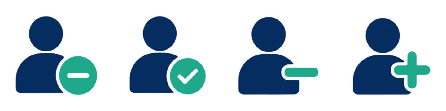 User Icon Set Vector, Navy Blue Account Action Icons Collection with Remove Verify Delete Add User Symbols