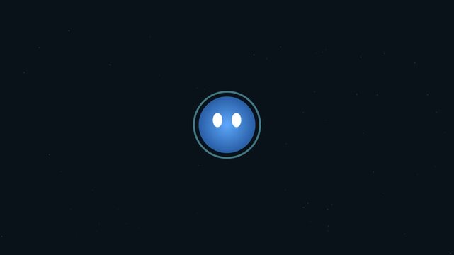 Minimalist blue circle character with glowing white eyes floating in deep dark space