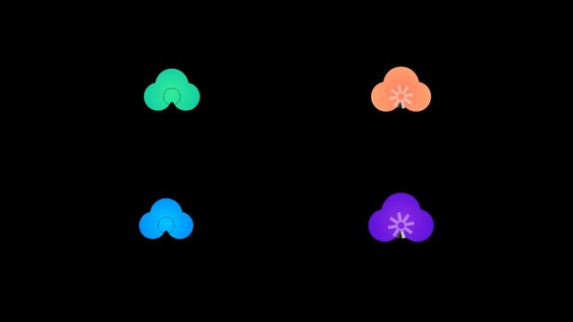 Set of four colorful cloud icons with simple flower patterns inside against a dark black background representing weather and nature concepts for digital design projects