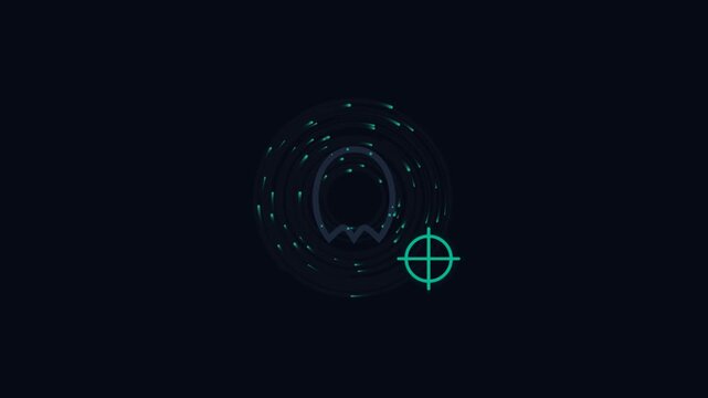 Abstract digital ghost icon with a glowing green crosshair target symbol on a dark background