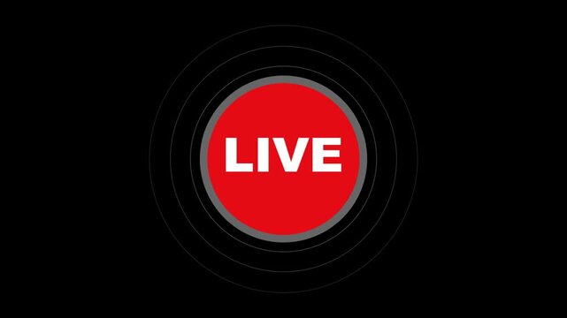 Red live streaming button icon with circular pulsing radio waves for broadcast media