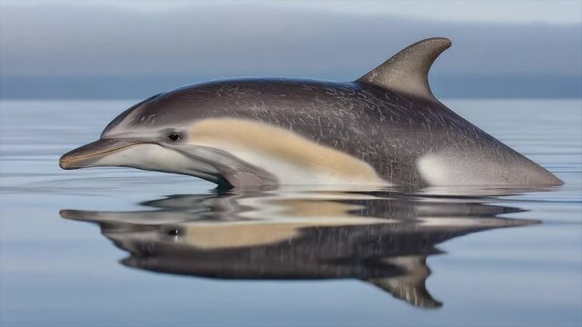A dolphin glides in calm water, its body partially submerged, creating a mirror-like reflection