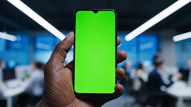 Smartphone Green Screen Mockup held in blurred office, ideal for app demos and corporate presentations.