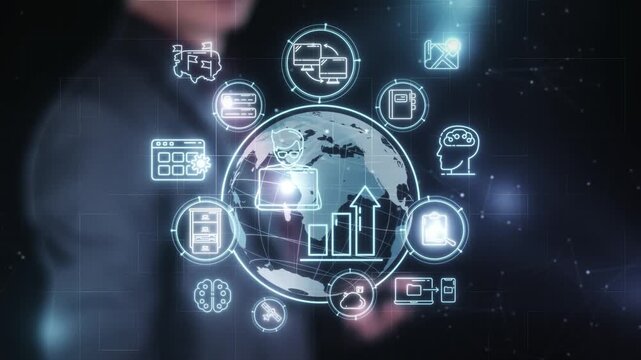 Man interacting with global business network concept screen