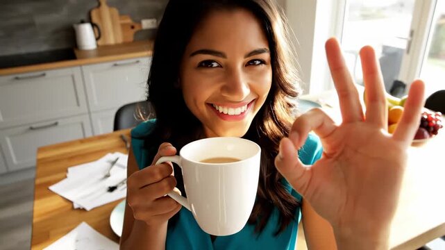 Cheerful woman holding white mug and showing OK gesture in kitchen, perfect for lifestyle and morning routine ads.