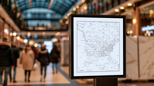 Digital Map Display in Modern Shopping Mall with Shoppers Walking By