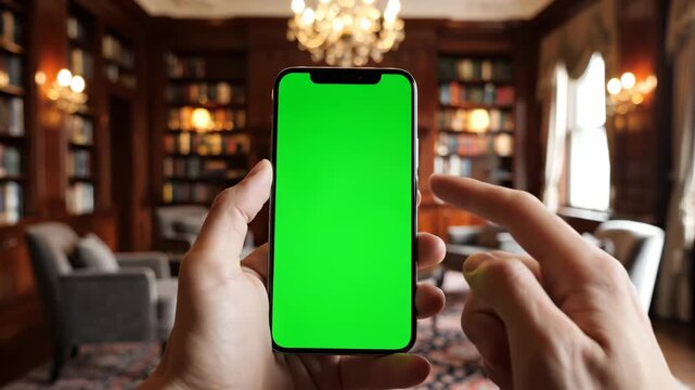 Modern Tech in Classic Setting: Hands Holding Green Screen Smartphone in Luxury Library, Ideal for App Demos.