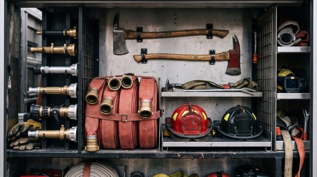Organized firefighting equipment in a service vehicle compartment. Fire hose, helmets, axes, nozzles, protective gear, and rescue tools prepared for emergency response.