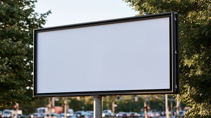 Fototapeta premium Blank billboard sign with copy space surrounded by greenery and blurred urban background