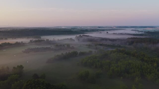 Aerial view of low fog drifting over meadows and forest at pastel dawn, near Wkra river